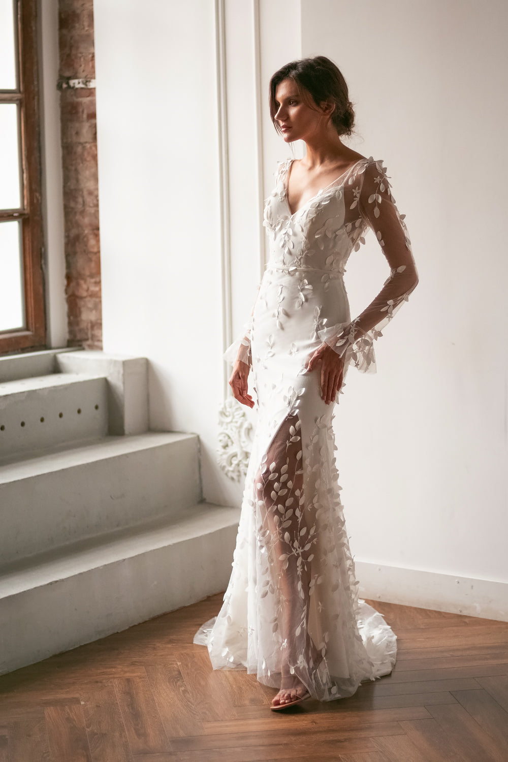 Deep V Neckline, Wedding Dress Illusion Lace Long Sleeves, Illusion Lace  Slit Skirt , Boho Wedding Gown -  Canada